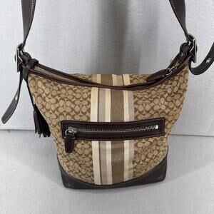 Coach F19918 Signature Stripe Brown Canvas Leather Trim Hobo Shoulder Bag Purse